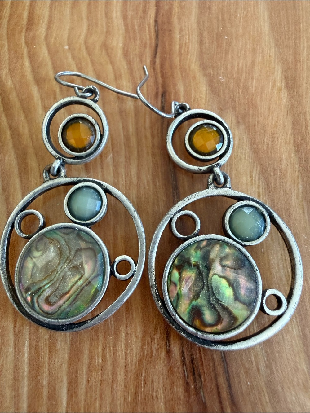 $5 Silver-Tone Abalone Circle Drop Earrings with Green and Amber Accents